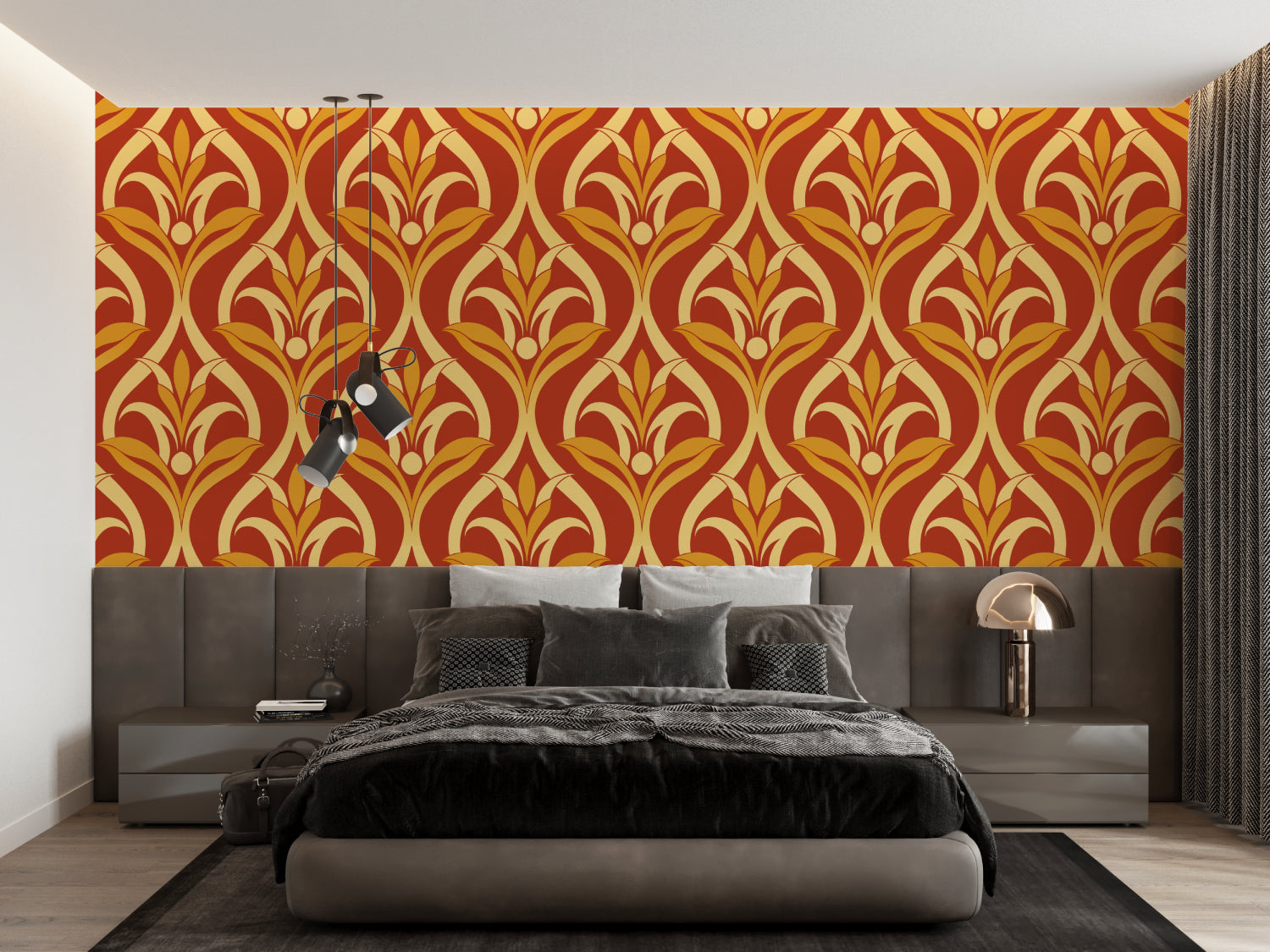 Art nouveau pattern wallpaper creating a bold accent wall in master bedroom