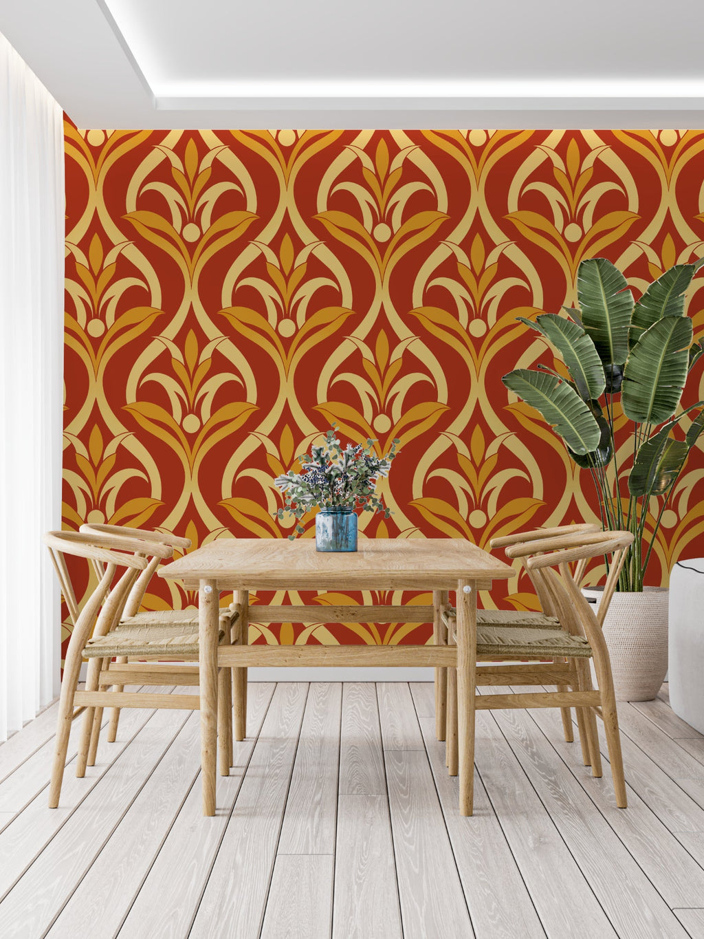 Hallway decorated with flowing art nouveau floral pattern in warm tones