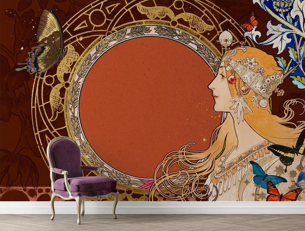Vintage butterfly wall mural creating a cozy reading nook with warm terracotta tones
