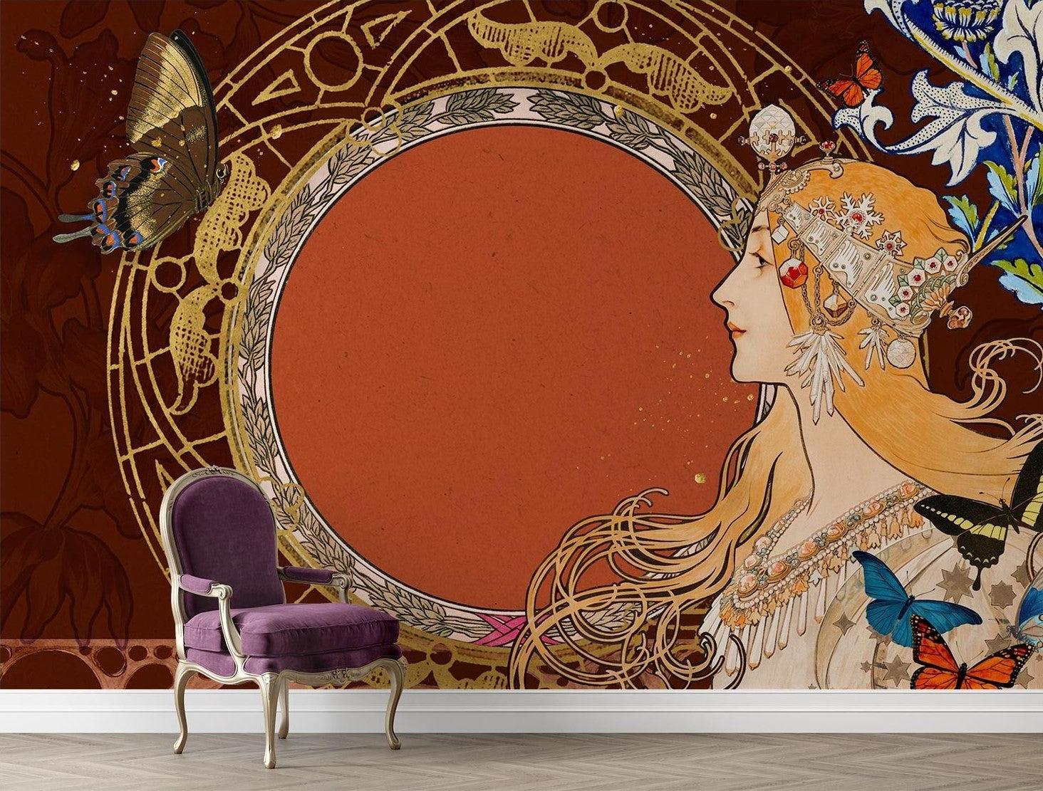 Vintage butterfly wall mural creating a cozy reading nook with warm terracotta tones