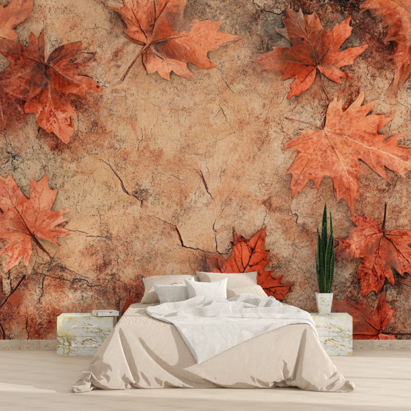 Terracotta leaf wallpaper in modern living room with natural light highlighting the marble texture