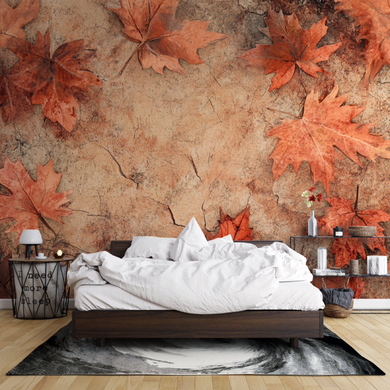 Maple leaf wall mural creating warm atmosphere in dining room with wooden furniture