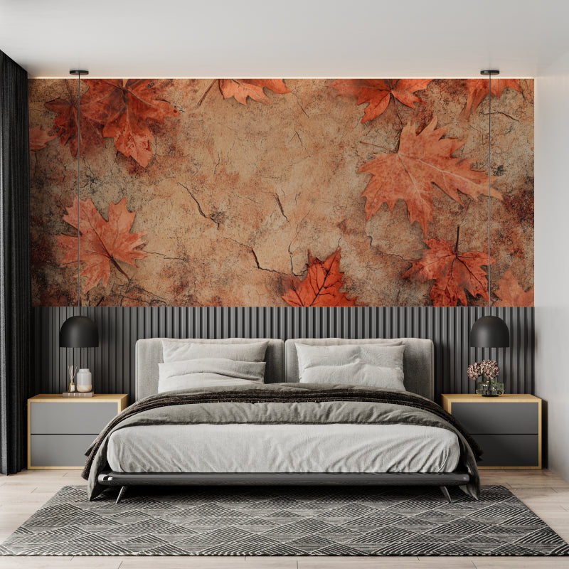 Terracotta marble wallpaper in bedroom creating cozy fall atmosphere