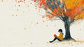 Autumn tree mural wallpaper creating a cozy reading nook in a modern living room with natural light