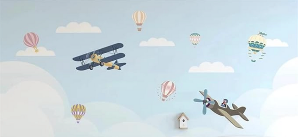 Hot air balloons and vintage airplane design file with soft blue sky pattern