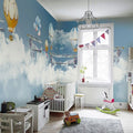 Aviation wallpaper mural with hot air balloons in modern nursery, creating a dreamy atmosphere