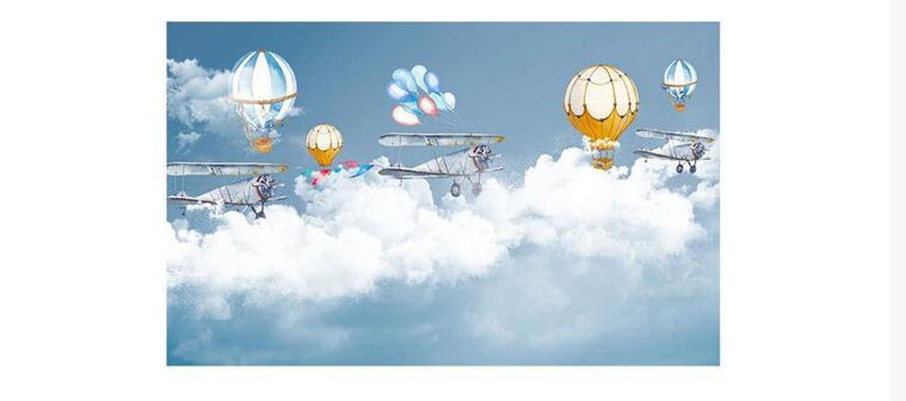 Design file of aviation wallpaper pattern with vintage planes and dreamy hot air balloons