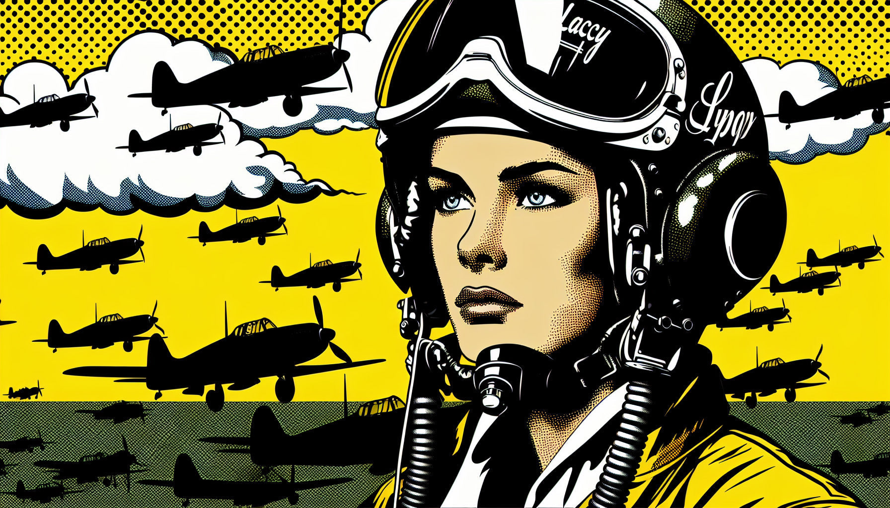 Aviation mural wallpaper design file showing vintage aircraft and comic style pilot illustration
