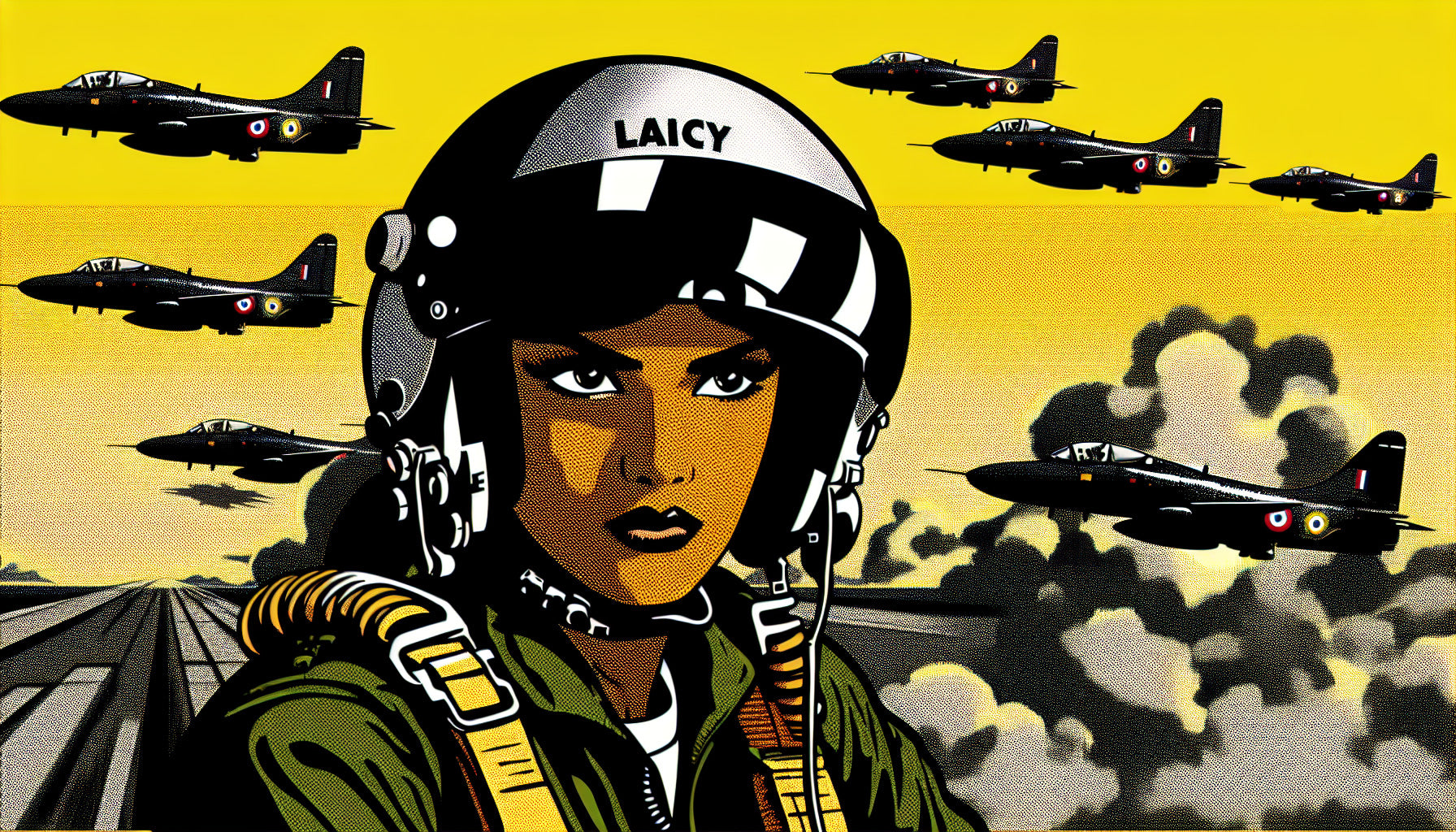 Aviation wallpaper design file showing detailed pop art pilot and fighter jet pattern in comic book style