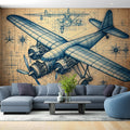Aviation blueprint wallpaper creating a smart office atmosphere in a modern home workspace with natural lighting