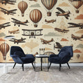 Vintage aviation wallpaper creating a cozy atmosphere in a modern home office, with sepia-toned aircraft and hot air balloons