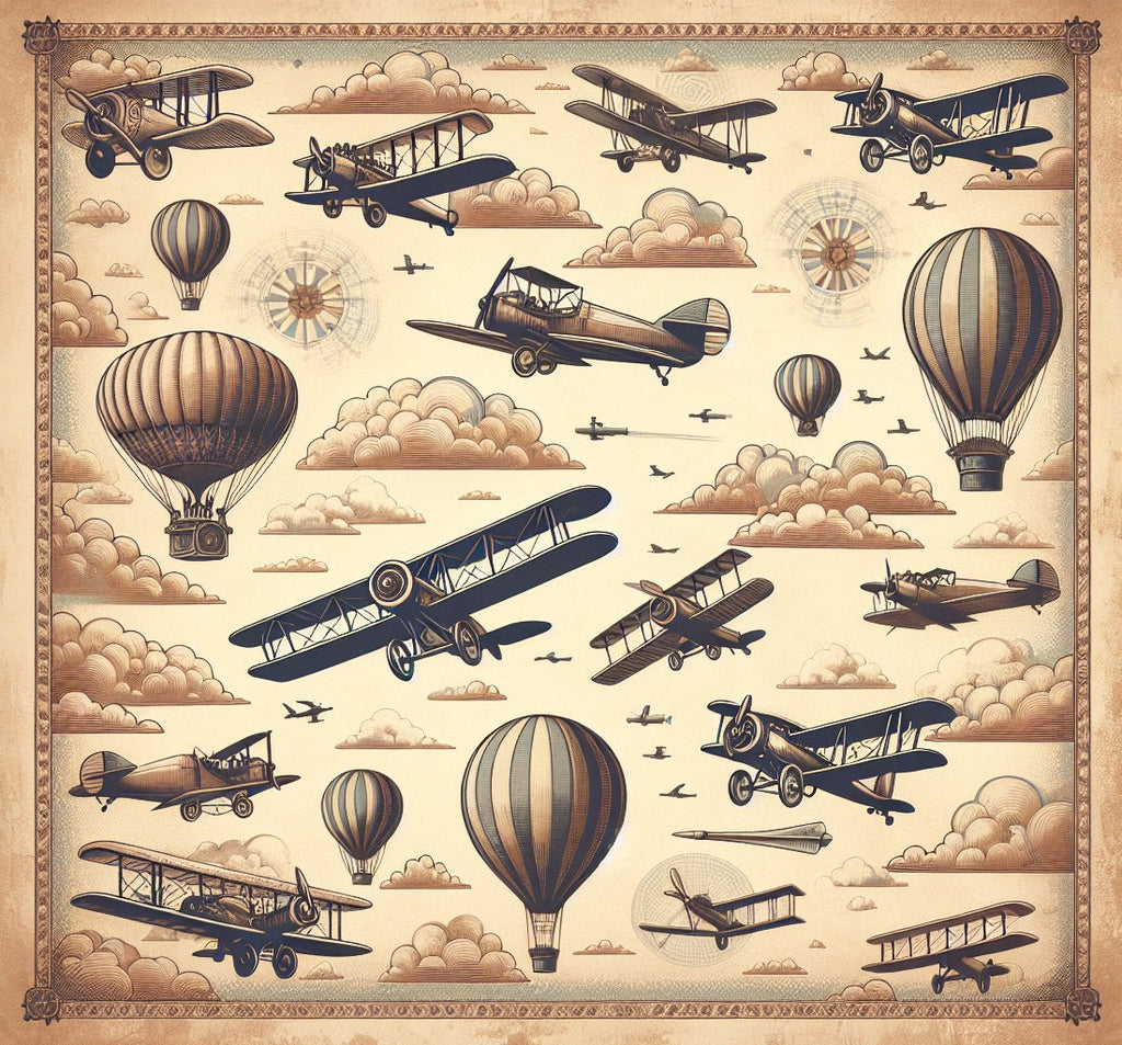 Aviation wallpaper design file showing detailed vintage aircraft and hot air balloons pattern