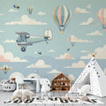 Aviation wallpaper with vintage planes and hot air balloons creating a dreamy atmosphere in a modern nursery