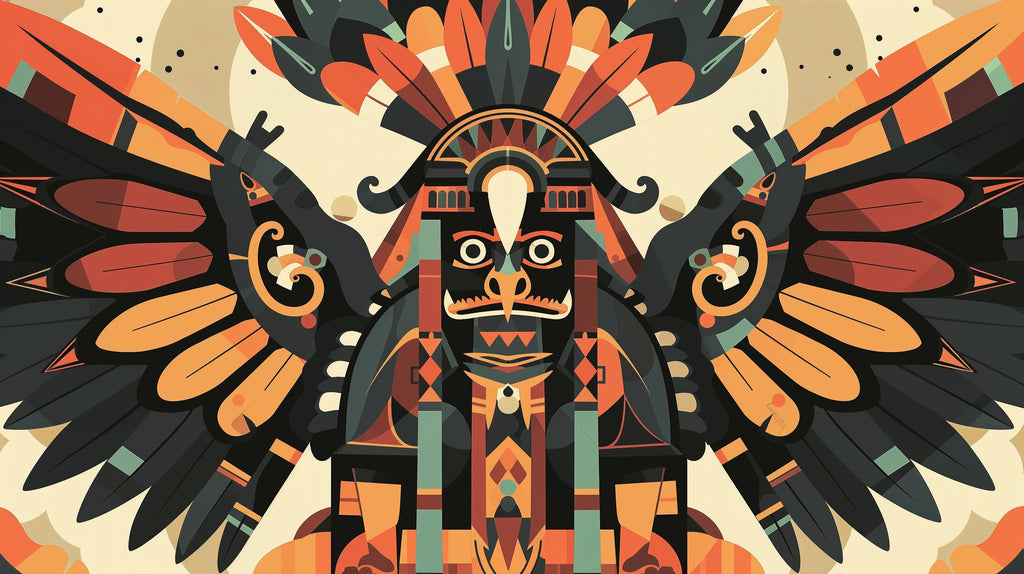 Aztec deity design file showing detailed geometric pattern and tribal mask artwork in terracotta and sage green