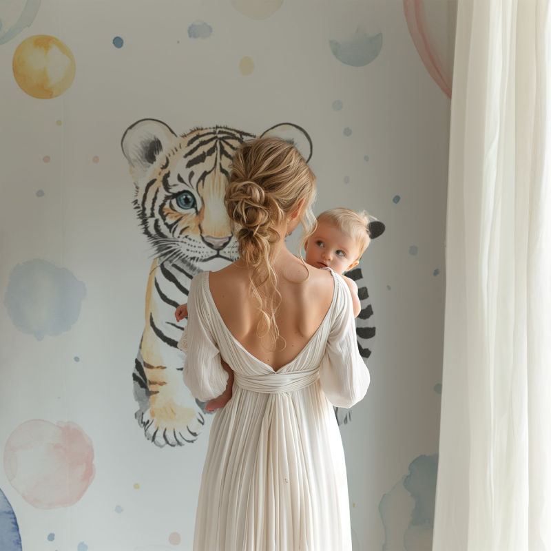 Tiger nursery wallpaper showcased in a modern baby room with minimal decor