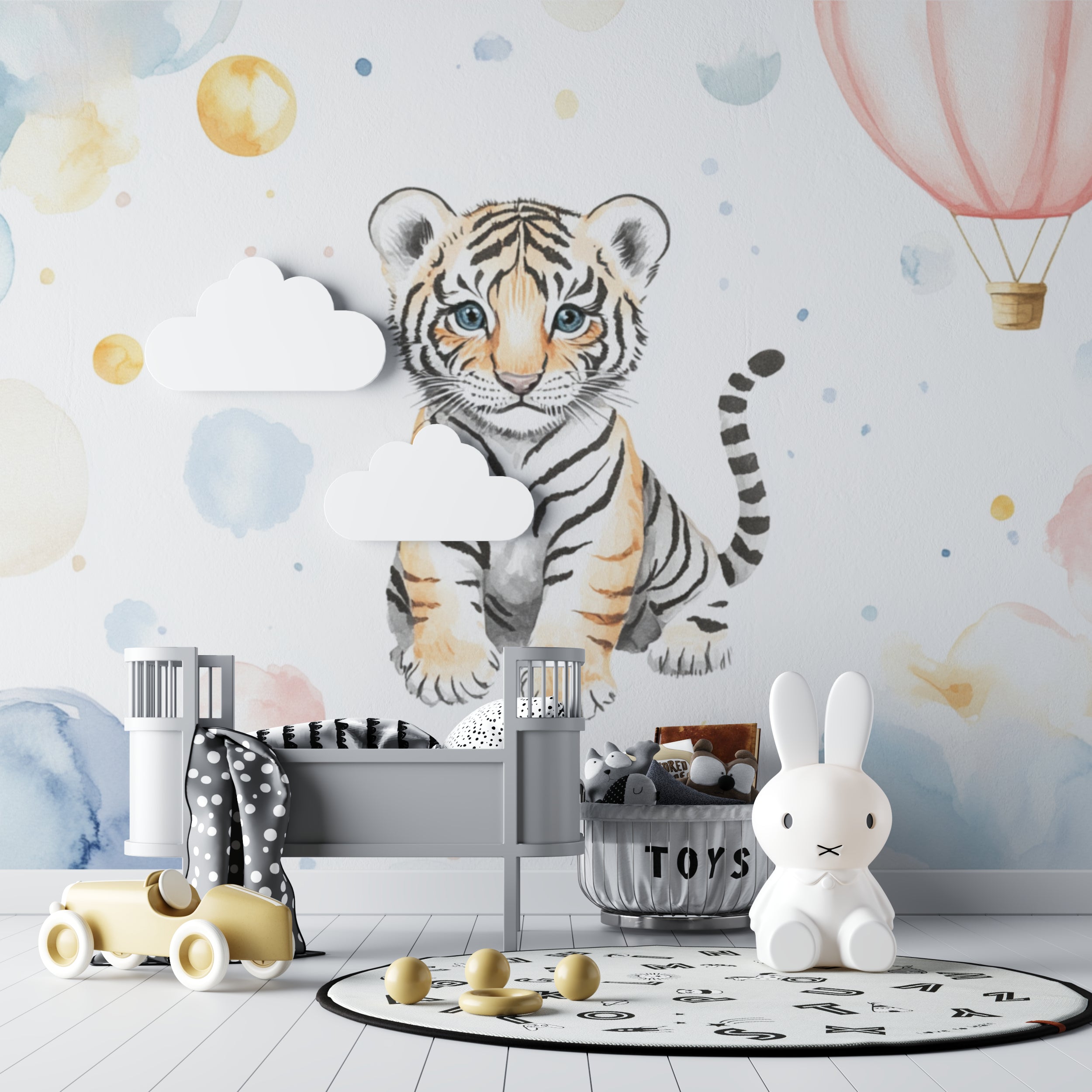 Hot air balloon wallpaper detail in a dreamy children's space with soft lighting