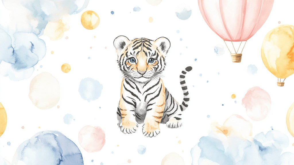 Baby tiger wallpaper design file showing full pattern with watercolor hot air balloons and cute tiger cub