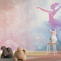 Ballet dance mural in a bright girl's bedroom with white furniture and pink accents