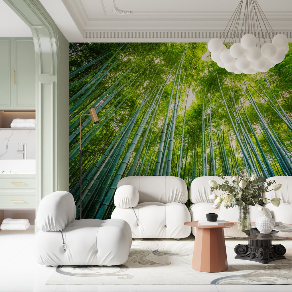 Japanese bamboo mural in meditation room with natural light