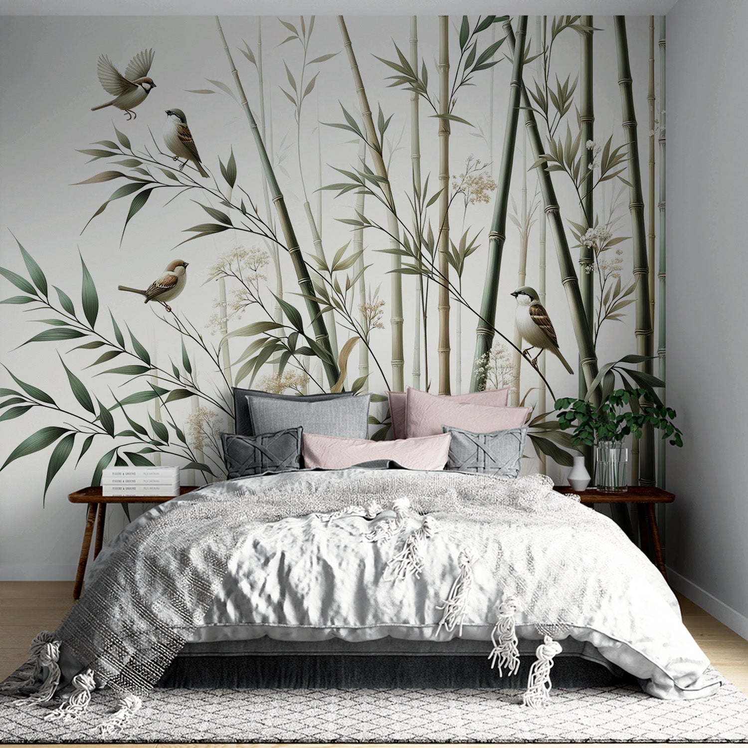 Bamboo forest wallpaper creating a serene atmosphere in a modern living room with natural light and minimal furniture
