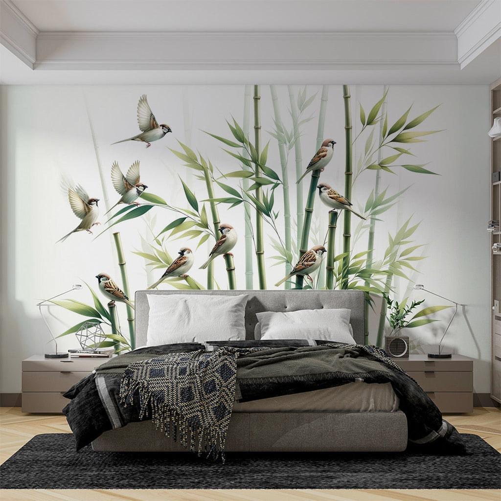 Bamboo and birds wallpaper creating a serene atmosphere in a modern living room with natural light