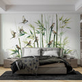 Bamboo and birds wallpaper creating a serene atmosphere in a modern living room with natural light