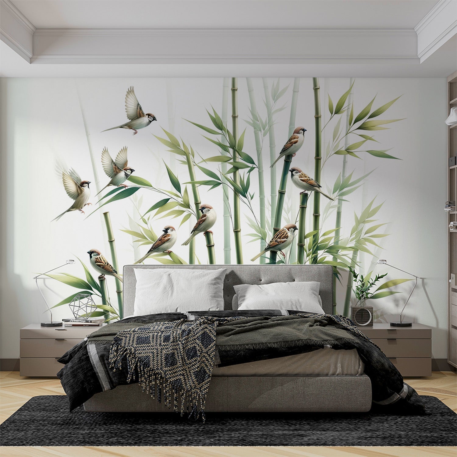 Bamboo and birds wallpaper creating a serene atmosphere in a modern living room with natural light