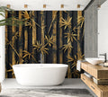 Black and gold bamboo wallpaper creating a luxurious atmosphere in a modern dining room with pendant lighting
