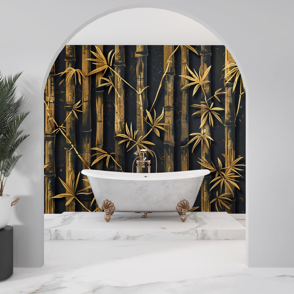 Japanese-inspired bamboo wallpaper making a statement in a contemporary living room setting