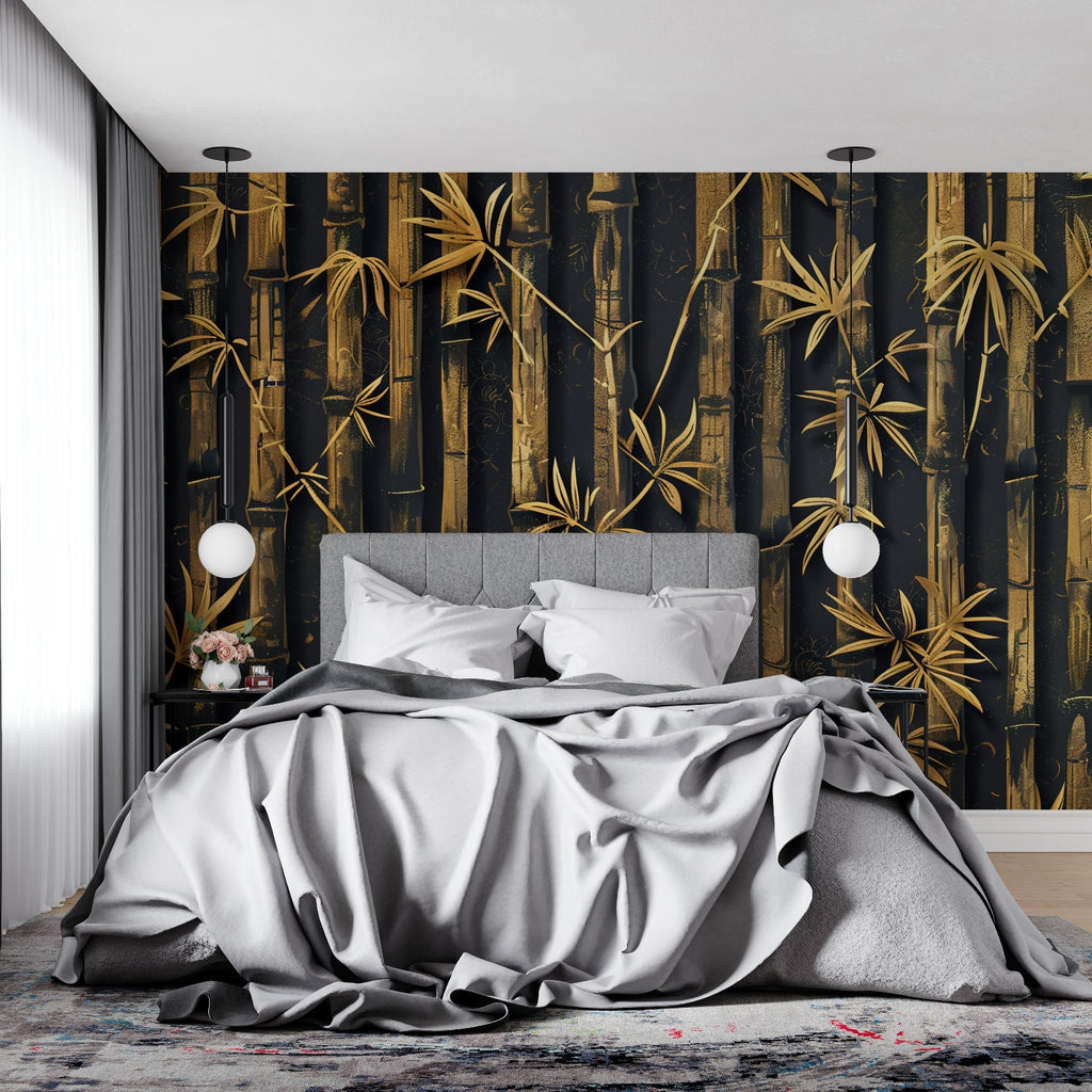 Bamboo wall mural transforming an entry hallway with striking vertical lines