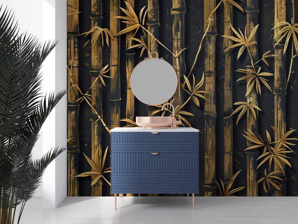 Black and gold bamboo mural creating depth in an upscale bathroom design
