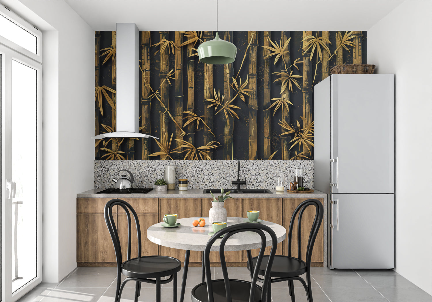 Black and gold bamboo design making a statement in a contemporary living room