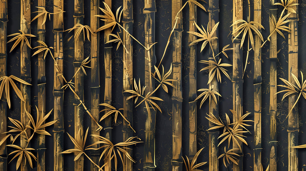 Design file showing intricate bamboo pattern with metallic gold details on black background