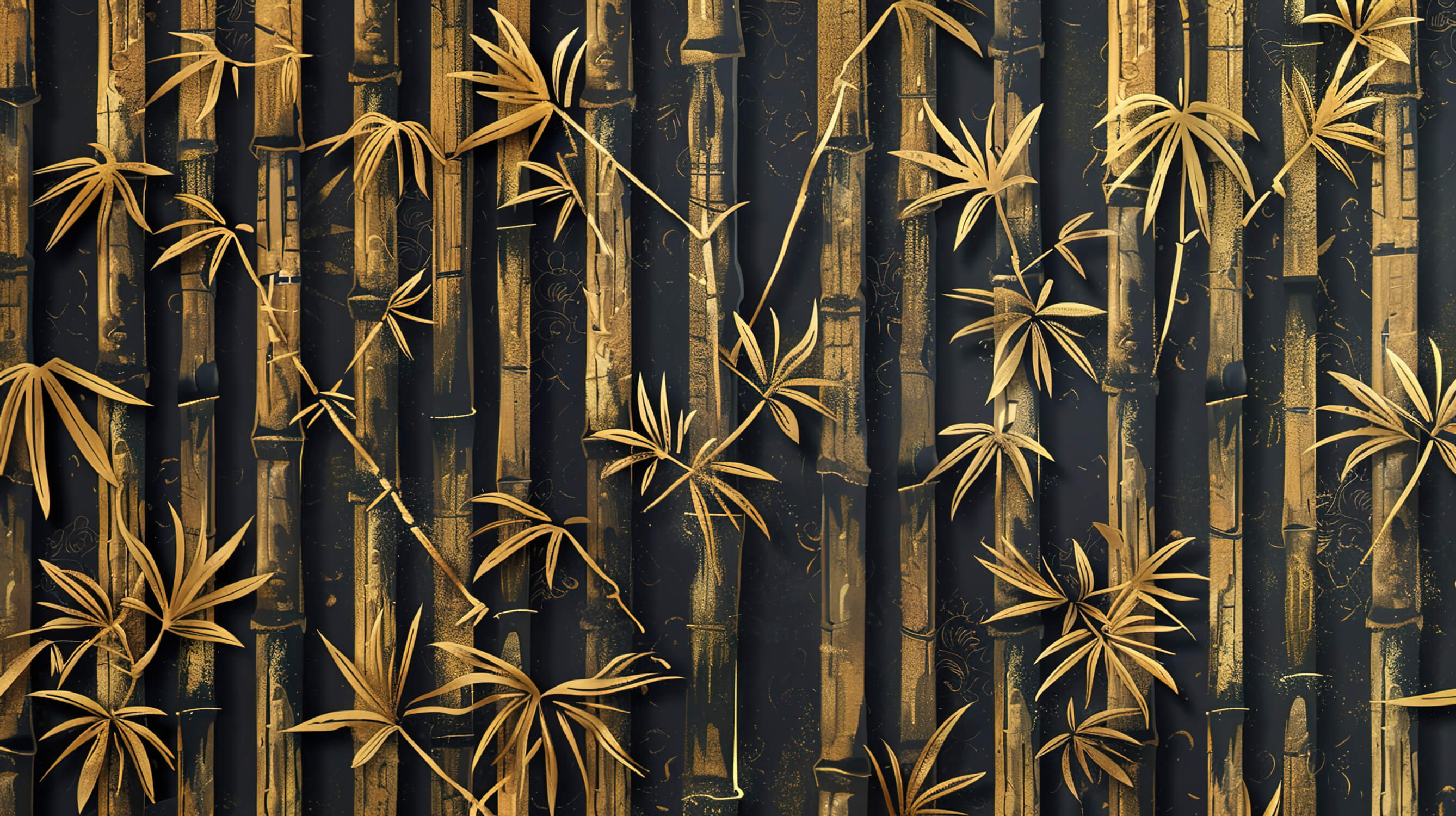 Design file showing intricate bamboo pattern with metallic gold details on black background