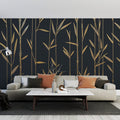 Black and gold bamboo wallpaper creating dramatic impact in modern dining room with pendant lighting