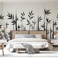 Black and white bamboo wallpaper creating a zen atmosphere in a modern minimalist living room with natural light