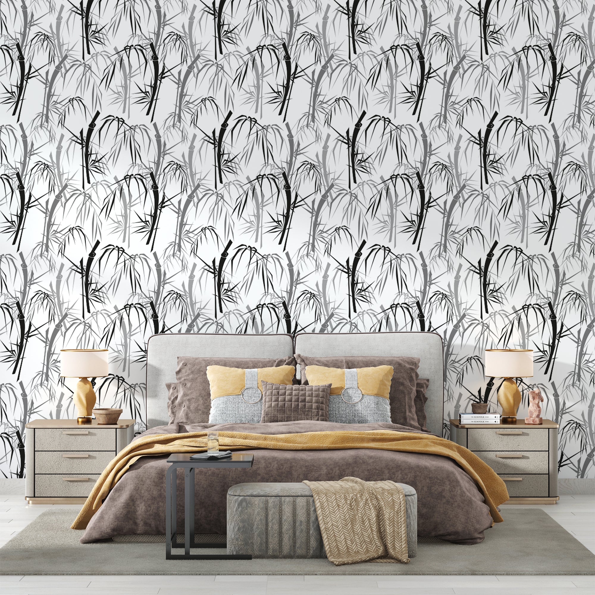 Black and white bamboo wallpaper creating a zen atmosphere in a modern living room setting