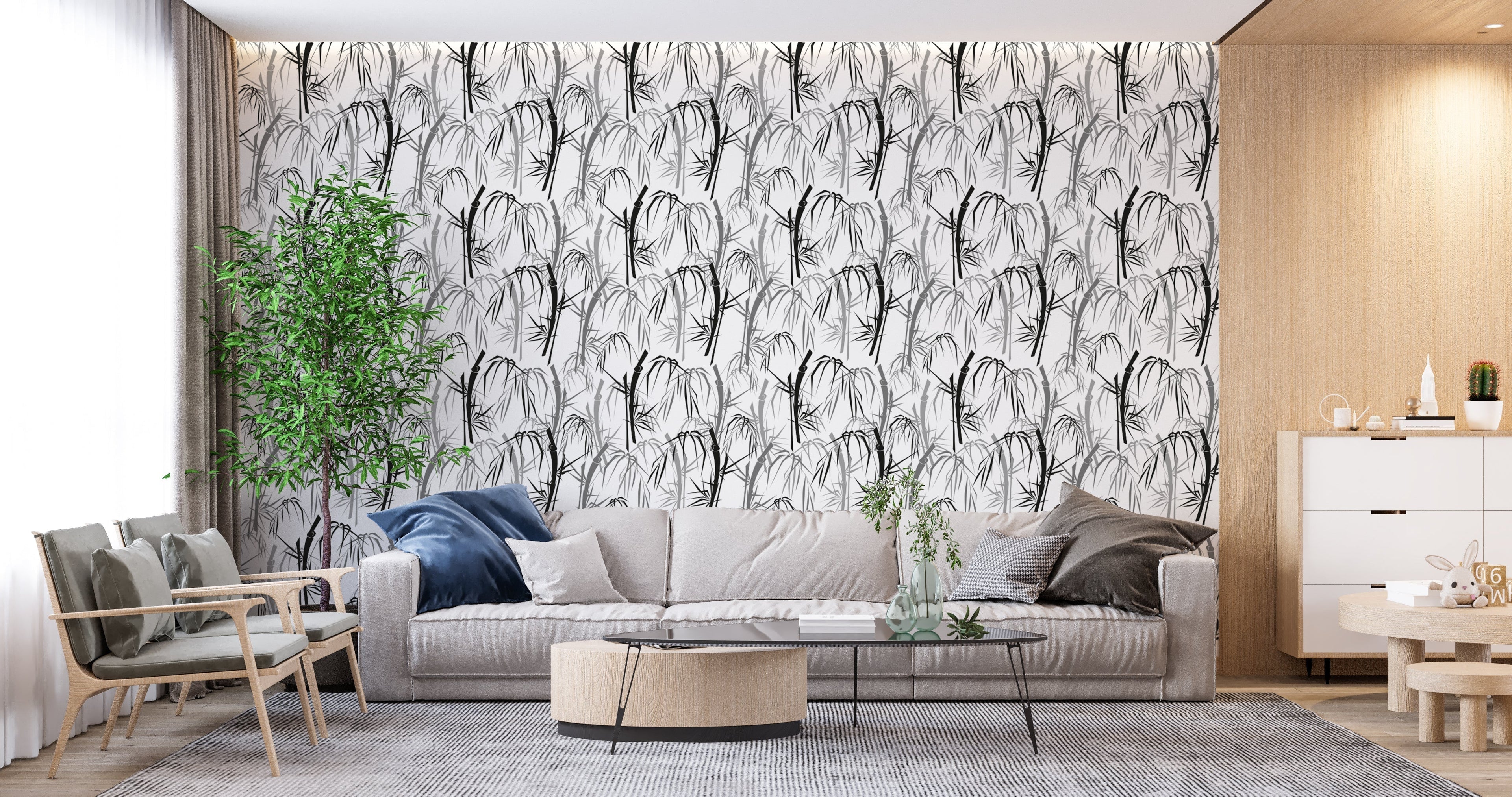 Japanese bamboo wall mural adding elegance to a minimalist bedroom space