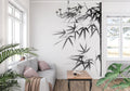 Black and white bamboo wallpaper in modern minimalist living room with natural light