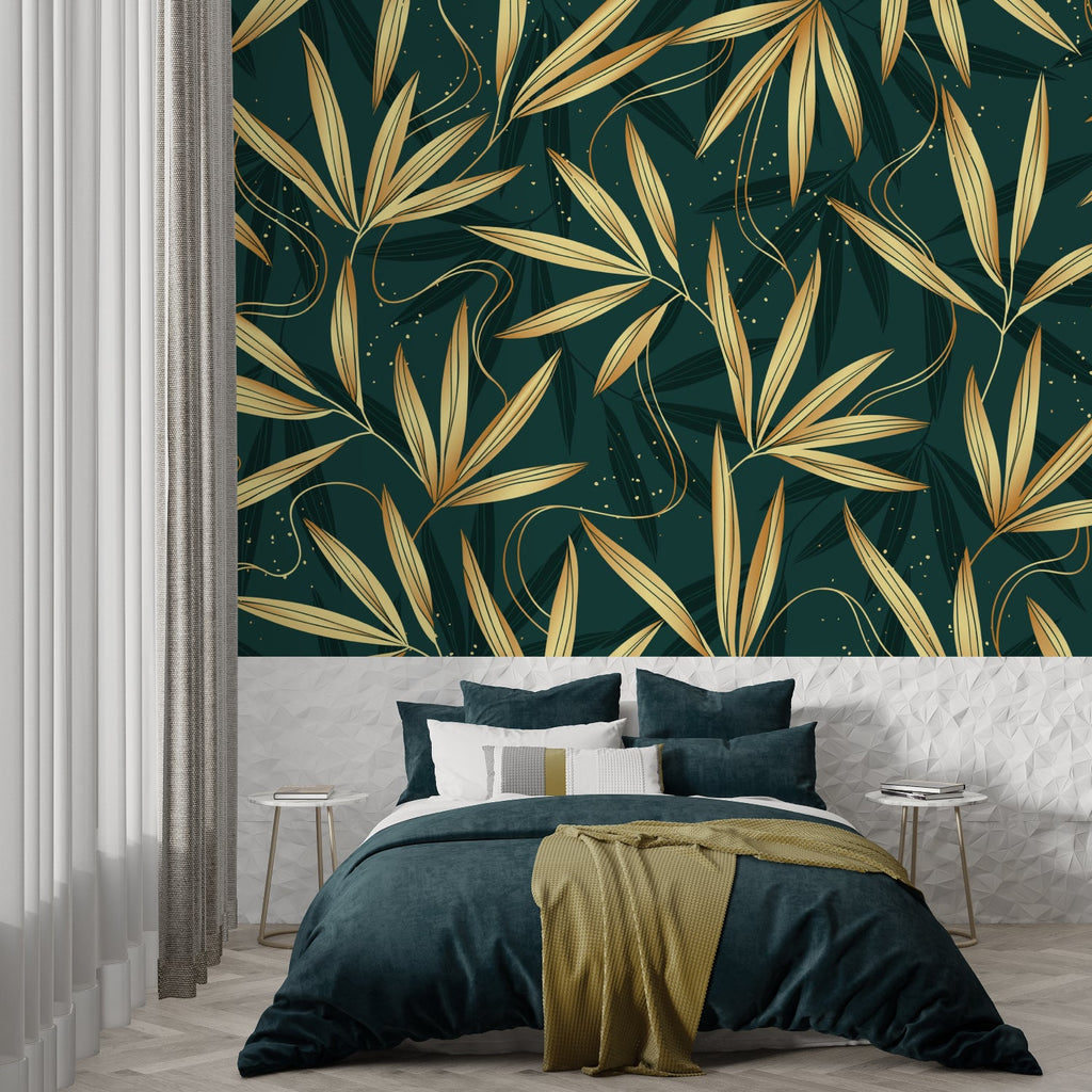 Bamboo wallpaper with gold leaves creating an elegant atmosphere in a modern living room