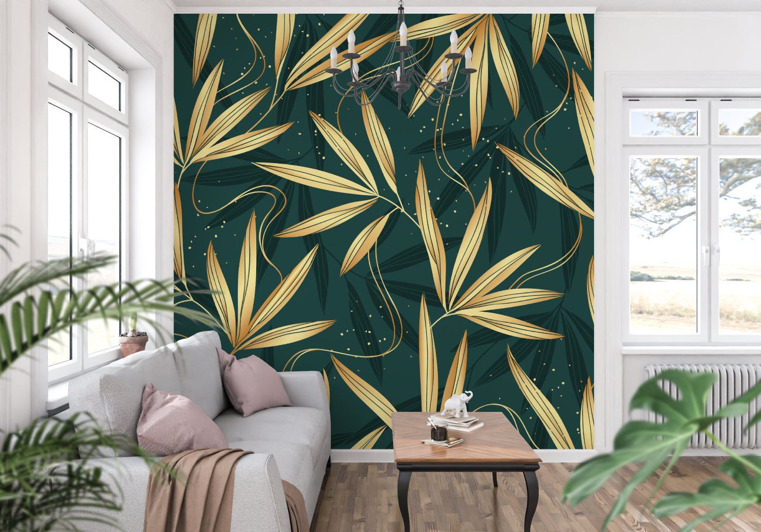 Green and gold bamboo leaf mural adding luxury to a master bedroom