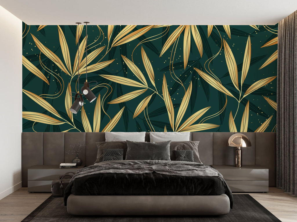 Botanical bamboo wallpaper bringing nature into a dining room setting