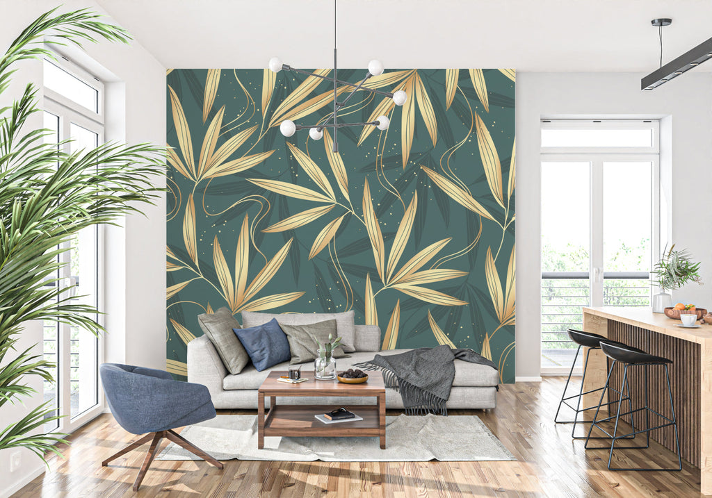 Emerald and gold bamboo mural creating depth in an entryway