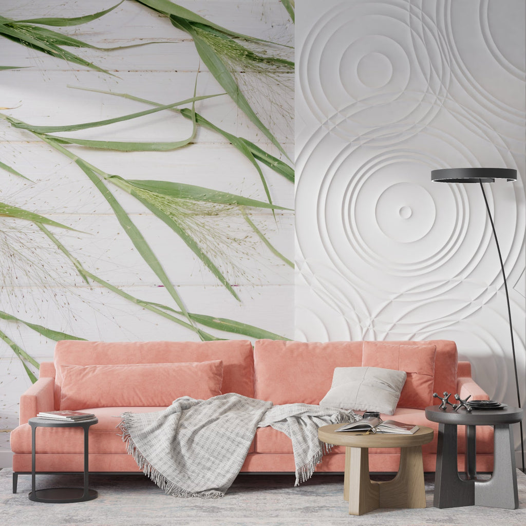 Green bamboo wallpaper adding fresh style to a minimal home office space