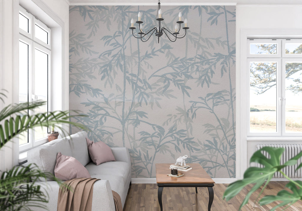 Oriental bamboo wallpaper in a minimalist bedroom setting with white bedding