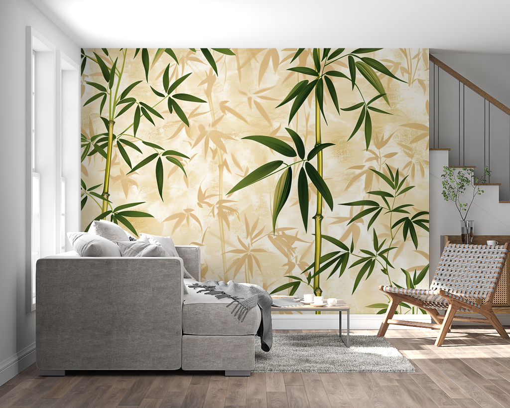 Bamboo leaf wallpaper creating a peaceful atmosphere in a modern living room setting