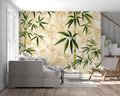 Bamboo leaf wallpaper creating a peaceful atmosphere in a modern living room setting