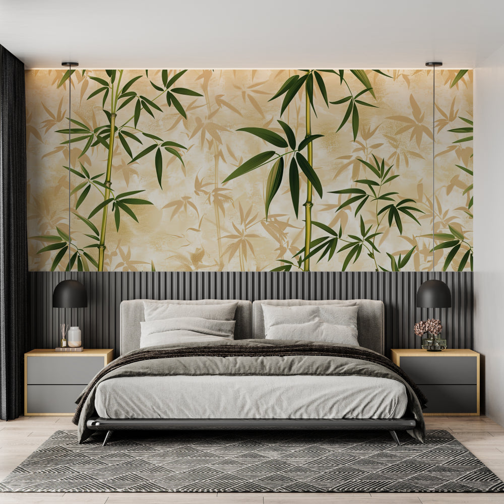 Oriental bamboo wallpaper in a minimalist dining room with natural light