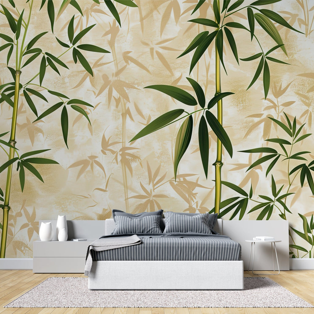 Asian-inspired bamboo pattern wallpaper in a sleek home office setup