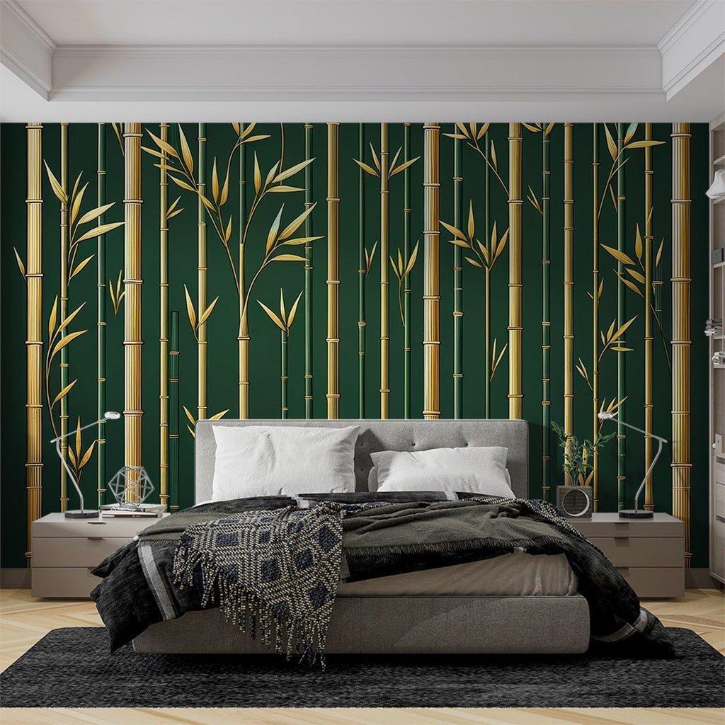 Bamboo forest wallpaper with gold stems creating a calm atmosphere in a modern living room with natural light